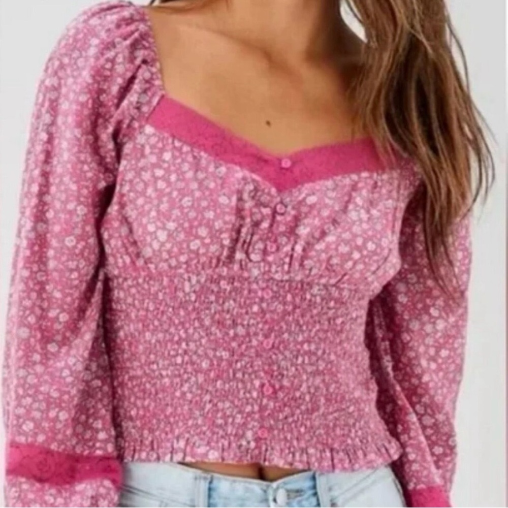American Eagle Outfitters Pink Floral Lace-Trim Smocked Blouse